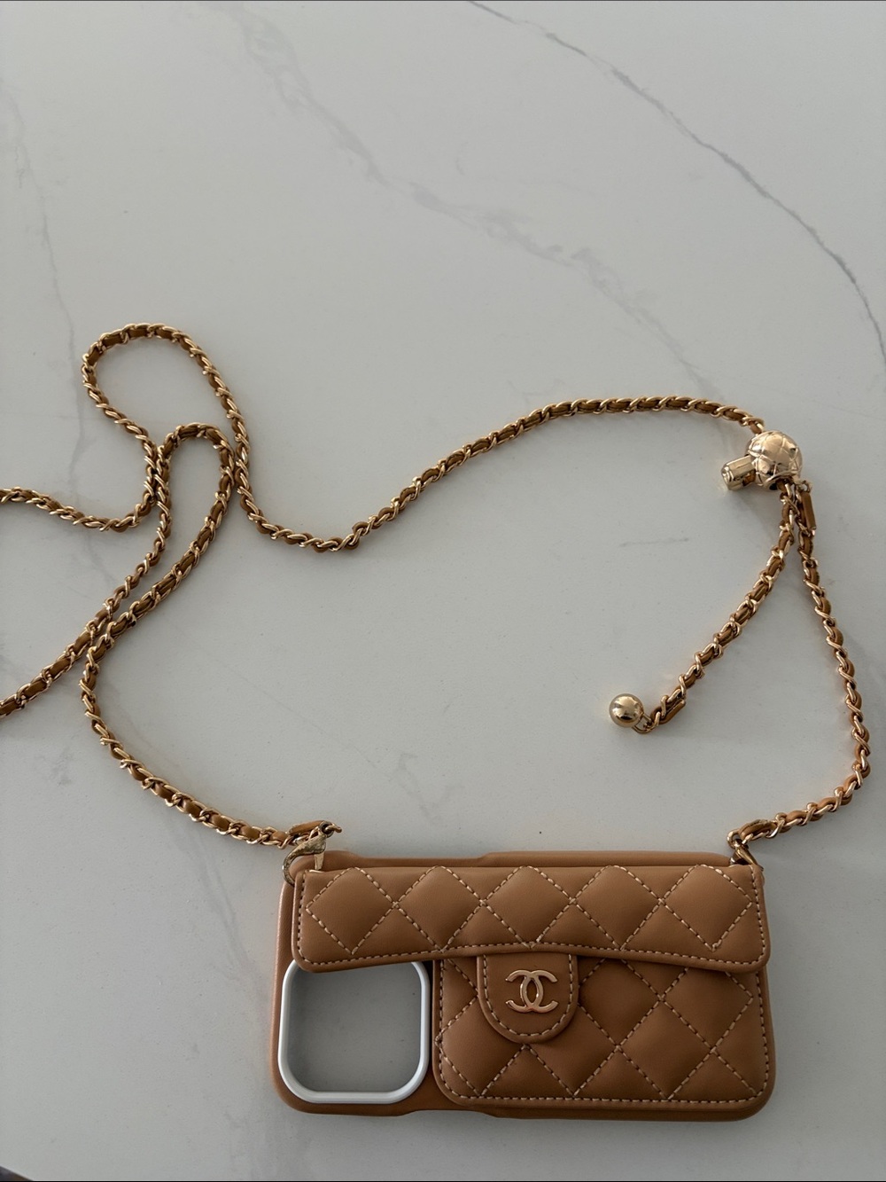 Quilted Leather-Style crossbody Phone Case and card wallet Tan 15 pro